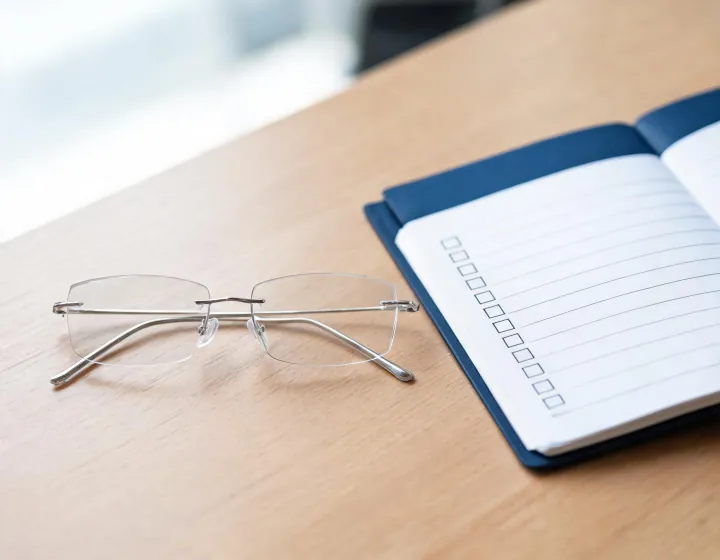 Independent procurement desk reviewing rimless glasses briefs