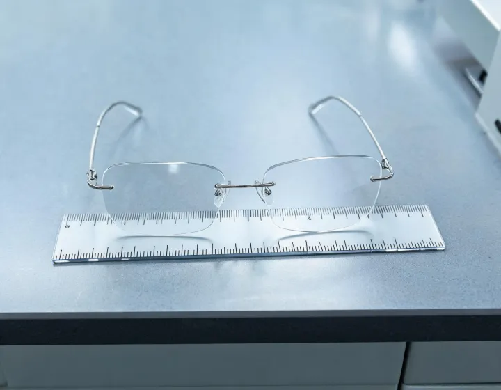 Unlabeled custom rimless glasses staged on an optical bench